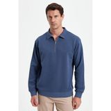 Tudors Erkek Relax Fit Rahat Kesim Pamuklu 3 Iplik Fermuarlı Polo Yaka Koyu Mavi Sweatshirt - 2XL