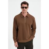 Tudors Erkek Relax Fit Rahat Kesim Pamuklu 3 Iplik Fermuarlı Polo Yaka Koyu Vizon Sweatshirt - 2XL