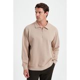Tudors Erkek Relax Fit Rahat Kesim Pamuklu 3 İplik Fermuarlı Polo Yaka Sweatshirt,Taş 2Xl
