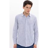 Tudors Erkek Slim Fit Dar Kesim %100 Pamuk Çizgili Uzun Kollu Keten Efektli Lacivert Gömlek - XL