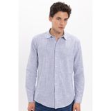 Tudors Erkek Slim Fit Dar Kesim %100 Pamuk Çizgili Uzun Kollu Keten Efektli Lacivert Gömlek