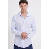 Tudors Erkek Slim Fit Dar Kesim %100 Pamuk Çizgili Uzun Kollu Keten Efektli Mavi Gömlek - XL