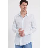 Tudors Erkek Slim Fit Dar Kesim %100 Pamuk Çizgili Uzun Kollu Keten Efektli Mint Gömlek