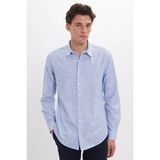Tudors Erkek Slim Fit Dar Kesim %100 Pamuk Çizgili Uzun Kollu Keten Efektli Saks Mavi Gömlek