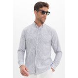 Tudors Erkek Slim Fit Dar Kesim %100 Pamuk Düğmeli Yaka Çizgili Uzun Kollu Cepli Keten Siyah-Beyaz Gömlek