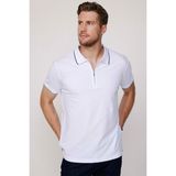 Tudors Erkek Slim Fit Dar Kesim %100 Pamuk Düz Pike Fermuarlı Beyaz Polo Yaka Tişört