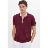 Tudors Erkek Slim Fit Dar Kesim %100 Pamuk Düz Pike Fermuarlı Bordo Polo Yaka Tişört - XS
