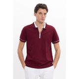 Tudors Erkek Slim Fit Dar Kesim %100 Pamuk Düz Pike Fermuarlı Bordo Polo Yaka Tişört