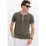 Tudors Erkek Slim Fit Dar Kesim %100 Pamuk Düz Pike Fermuarlı Haki Polo Yaka Tişört - XL
