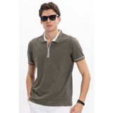 Tudors Erkek Slim Fit Dar Kesim %100 Pamuk Düz Pike Fermuarlı Haki Polo Yaka Tişört