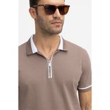 Tudors Erkek Slim Fit Dar Kesim %100 Pamuk Düz Pike Fermuarlı Kahverengi Polo Yaka Tişört - 2XL