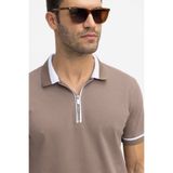 Tudors Erkek Slim Fit Dar Kesim %100 Pamuk Düz Pike Fermuarlı Kahverengi Polo Yaka Tişört