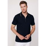 Tudors Erkek Slim Fit Dar Kesim %100 Pamuk Düz Pike Fermuarlı Lacivert Polo Yaka Tişört - 2XL