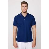 Tudors Erkek Slim Fit Dar Kesim %100 Pamuk Düz Pike Kol Şeritli Lacivert Polo Yaka Tişört