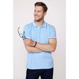 Tudors Erkek Slim Fit Dar Kesim %100 Pamuk Düz Pike Kol Şeritli Mavi Polo Yaka Tişört