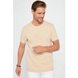 Tudors Erkek Slim Fit Dar Kesim %100 Pamuk Düz Pike Kum Rengi Bisiklet Yaka Tişört