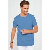 Tudors Erkek Slim Fit Dar Kesim %100 Pamuk Düz Pike Mavi Bisiklet Yaka Tişört - XL