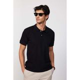 Tudors Erkek Slim Fit Dar Kesim %100 Pamuk Düz Pike Siyah Polo Yaka Tişört