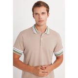 Tudors Erkek Slim Fit Dar Kesim %100 Pamuk Düz Pike Yaka ve Kol Detaylı Bej Polo Yaka Tişört