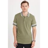 Tudors Erkek Slim Fit Dar Kesim %100 Pamuk Düz Pike Yaka ve Kol Detaylı Haki Polo Yaka Tişört