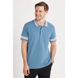 Tudors Erkek Slim Fit Dar Kesim %100 Pamuk Düz Pike Yaka ve Kol Detaylı İndigo Polo Yaka Tişört - XL