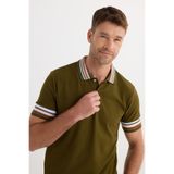 Tudors Erkek Slim Fit Dar Kesim %100 Pamuk Düz Pike Yaka ve Kol Detaylı Koyu Haki Polo Yaka Tişört