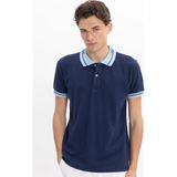 Tudors Erkek Slim Fit Dar Kesim %100 Pamuk Düz Pike Yaka ve Kol Detaylı Lacivert Polo Yaka Tişört - 2XL