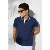 Tudors Erkek Slim Fit Dar Kesim %100 Pamuk Düz Pike Yaka ve Kol Detaylı Lacivert Polo Yaka Tişört - XL