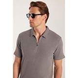 Tudors Erkek Slim Fit Dar Kesim %100 Pamuk Fermuarlı Gri Polo Yaka Tişört - XL