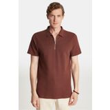 Tudors Erkek Slim Fit Dar Kesim %100 Pamuk Fermuarlı Kahverengi Polo Yaka Tişört