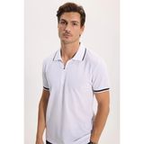Tudors Erkek Slim Fit Dar Kesim %100 Pamuk Jakarlı Düz Yaka ve Kol Detaylı Beyaz Polo Yaka Tişört - 2XL