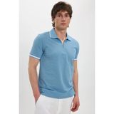 Tudors Erkek Slim Fit Dar Kesim %100 Pamuk Jakarlı Düz Yaka ve Kol Detaylı Mavi Polo Yaka Tişört - XL