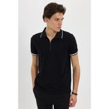 Tudors Erkek Slim Fit Dar Kesim %100 Pamuk Jakarlı Düz Yaka ve Kol Detaylı Siyah Polo Yaka Tişört - XL