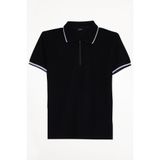 Tudors Erkek Slim Fit Dar Kesim %100 Pamuk Jakarlı Düz Yaka ve Kol Detaylı Siyah Polo Yaka Tişört