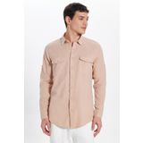 Tudors Erkek Slim Fit Dar Kesim %100 Pamuk Keten Doku Çift Cep Spor Yaka Somon Gömlek