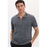 Tudors Erkek Slim Fit Dar Kesim %100 Pamuk Kısa Kollu Fermuarlı Antrasit Polo Yaka Tişört