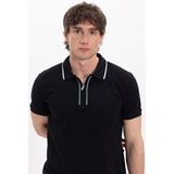 Tudors Erkek Slim Fit Dar Kesim %100 Pamuk Kısa Kollu Yarım Fermuarlı Siyah Polo Yaka Tişört - 2XL
