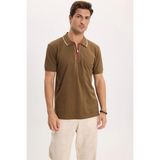 Tudors Erkek Slim Fit Dar Kesim %100 Pamuk Kısa Kollu Yarım Fermuarlı Vizon Polo Yaka Tişört - XL