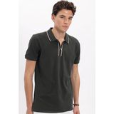 Tudors Erkek Slim Fit Dar Kesim %100 Pamuk Kısa Kollu Yarım Fermuarlı Yeşil Polo Yaka Tişört - 2XL