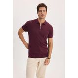 Tudors Erkek Slim Fit Dar Kesim %100 Pamuk Örme Triko Fermuarlı Bordo Polo Yaka Tişört - 2XL