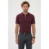 Tudors Erkek Slim Fit Dar Kesim %100 Pamuk Örme Triko Fermuarlı Bordo Polo Yaka Tişört