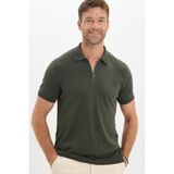 Tudors Erkek Slim Fit Dar Kesim %100 Pamuk Örme Triko Fermuarlı Haki Polo Yaka Tişört