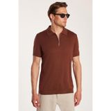 Tudors Erkek Slim Fit Dar Kesim %100 Pamuk Örme Triko Fermuarlı Kahverengi Polo Yaka Tişört
