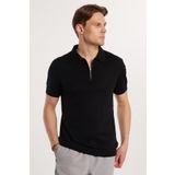 Tudors Erkek Slim Fit Dar Kesim %100 Pamuk Örme Triko Fermuarlı Siyah Polo Yaka Tişört