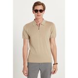 Tudors Erkek Slim Fit Dar Kesim %100 Pamuk Örme Triko Fermuarlı Vizon Polo Yaka Tişört - 2XL