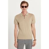 Tudors Erkek Slim Fit Dar Kesim %100 Pamuk Örme Triko Fermuarlı Vizon Polo Yaka Tişört