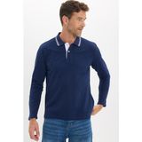 Tudors Erkek Slim Fit Dar Kesim %100 Pamuk Uzun Kollu Lacivert Polo Yaka Tişört - 2XL