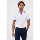 Tudors Erkek Slim Fit Dar Kesim %100 Pamuklu Çizgili Detaylı V Yaka Beyaz Polo Yaka Tişört