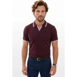 Tudors Erkek Slim Fit Dar Kesim %100 Pamuklu Çizgili Detaylı V Yaka Bordo Polo Yaka Tişört - 2XL