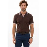 Tudors Erkek Slim Fit Dar Kesim %100 Pamuklu Çizgili Detaylı V Yaka Kahverengi Polo Yaka Tişört - 2XL